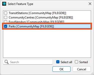 Selecting Parks reader feature type to copy
